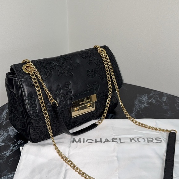 Michael Kors Lace 30h6gl8l3t Sloan LG Chain Leather Shoulder Bag Black AUTHENTIC - Picture 8 of 14